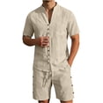thumbnail image 2 of Short Sets for Men Cotton Linen Short Sleeve Button V Neck Stand Collar Shirt and Shorts 2 Piece Matching Set Summer Outfits, 2 of 5