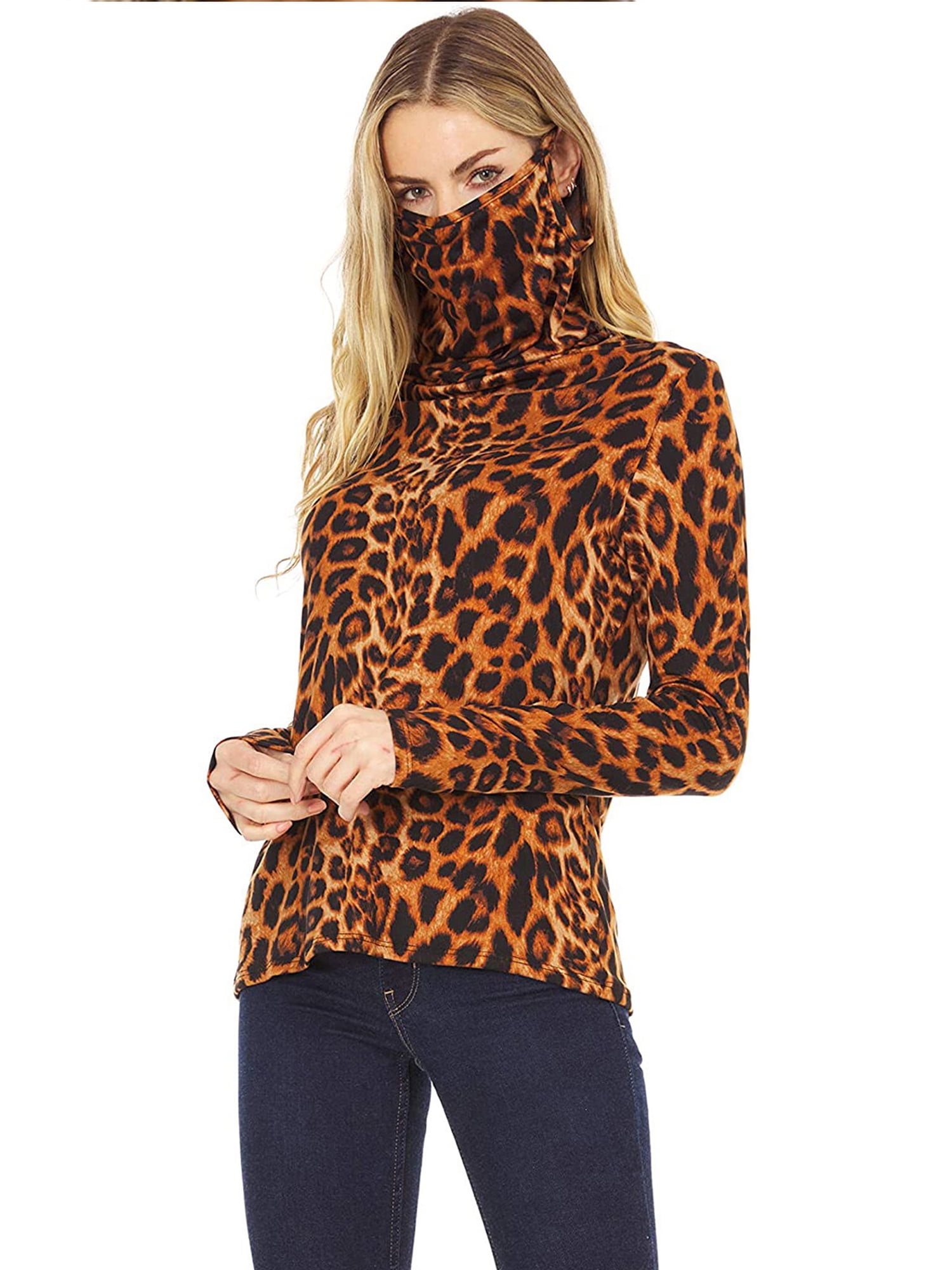 Womens Turtleneck Long Sleeve Face Mask Shirt Pullover Ribbed Tunic Tops with Mask