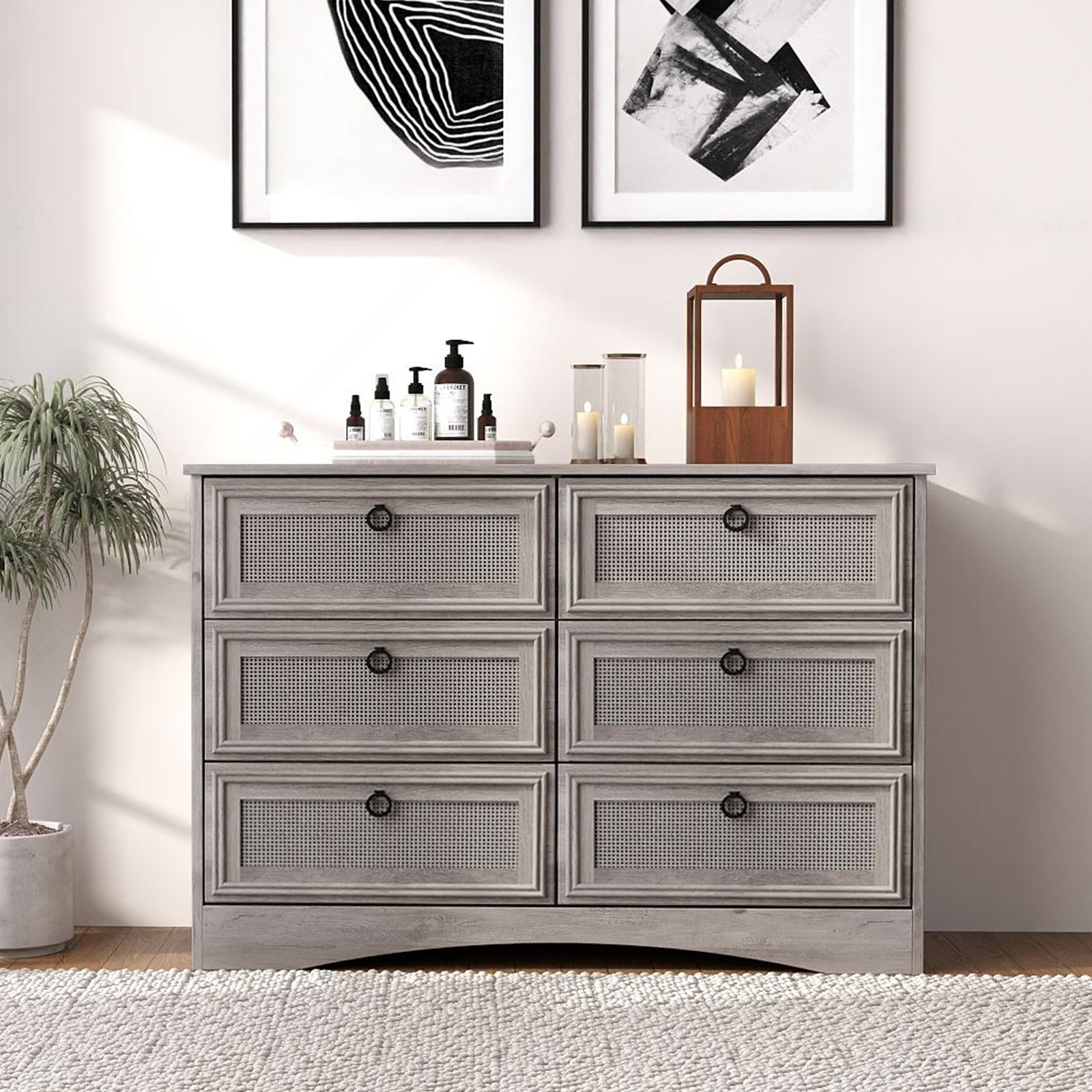 HUJAUU 6 Drawer Dresser for Bedroom, Rattan Wide Chest of Drawers for Living Room, Gray