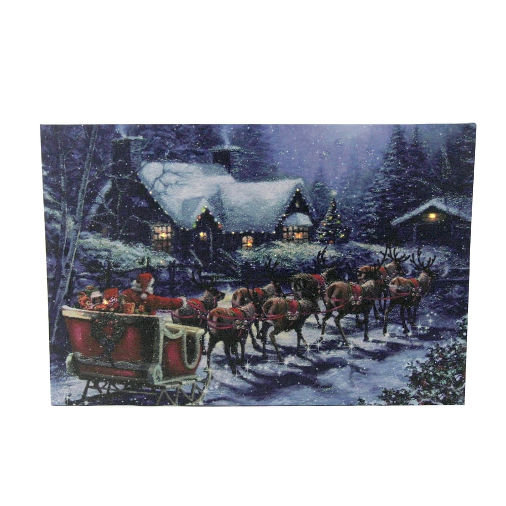 LED Lighted Santa Claus in Sleigh Christmas Canvas Wall