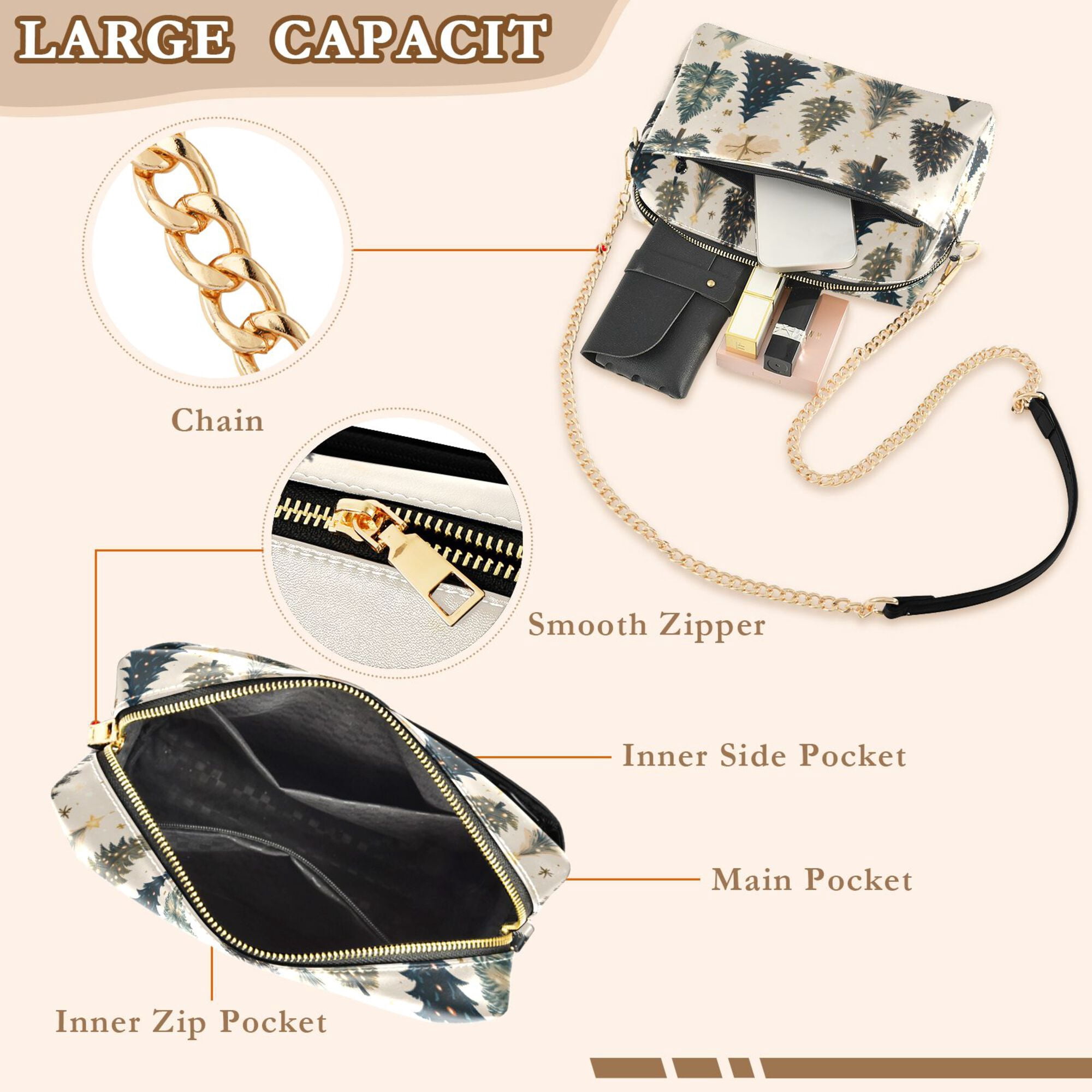 FORMRS Women Crossbody Purse with Chain Strap Vegan Leather Shoulder Handbag, Beige Christmas Trees