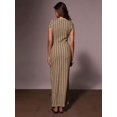 thumbnail image 4 of Womens Casual Khaki Striped Knit Long Dress Short Sleeve Crew Neck Maxi, 4 of 5