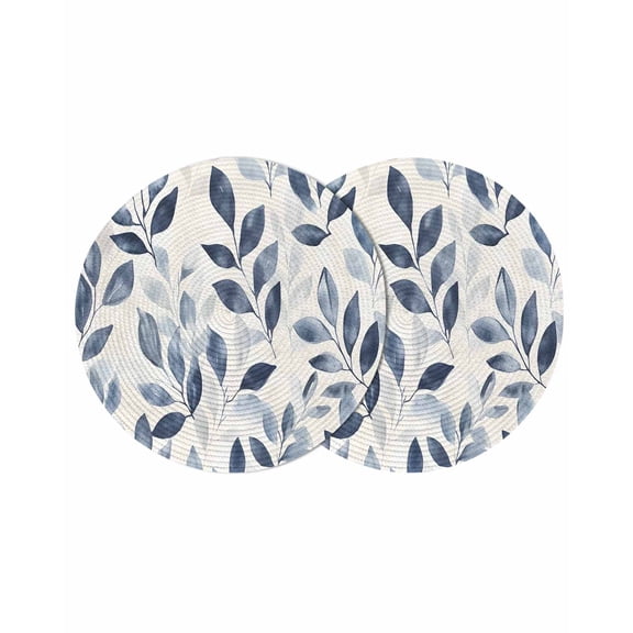 Navy Blue Botanical Round Placemats Set of 2 for Dinning Tables,Heat-proof Braided Table Mats 15 Inch,Pastoral Spring Leaves Watercolor Washable Place Mat for Kitchen Restaurant Party Table Decor