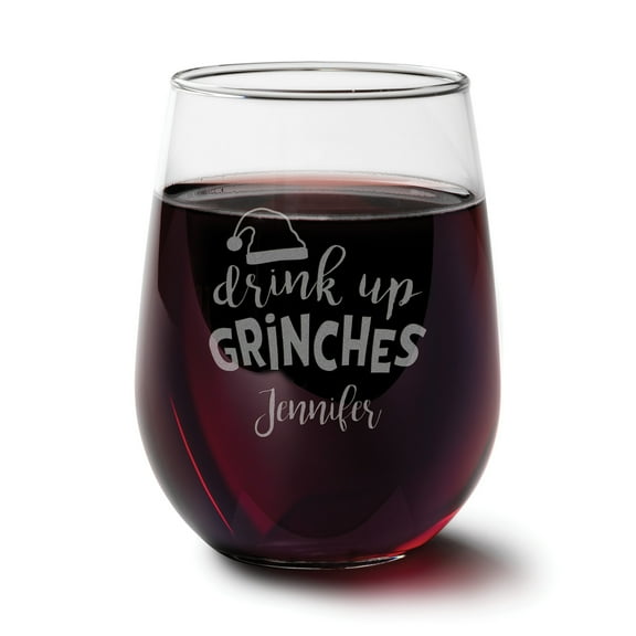 Personalized Drink Up Grinches Stemless Wine Glass