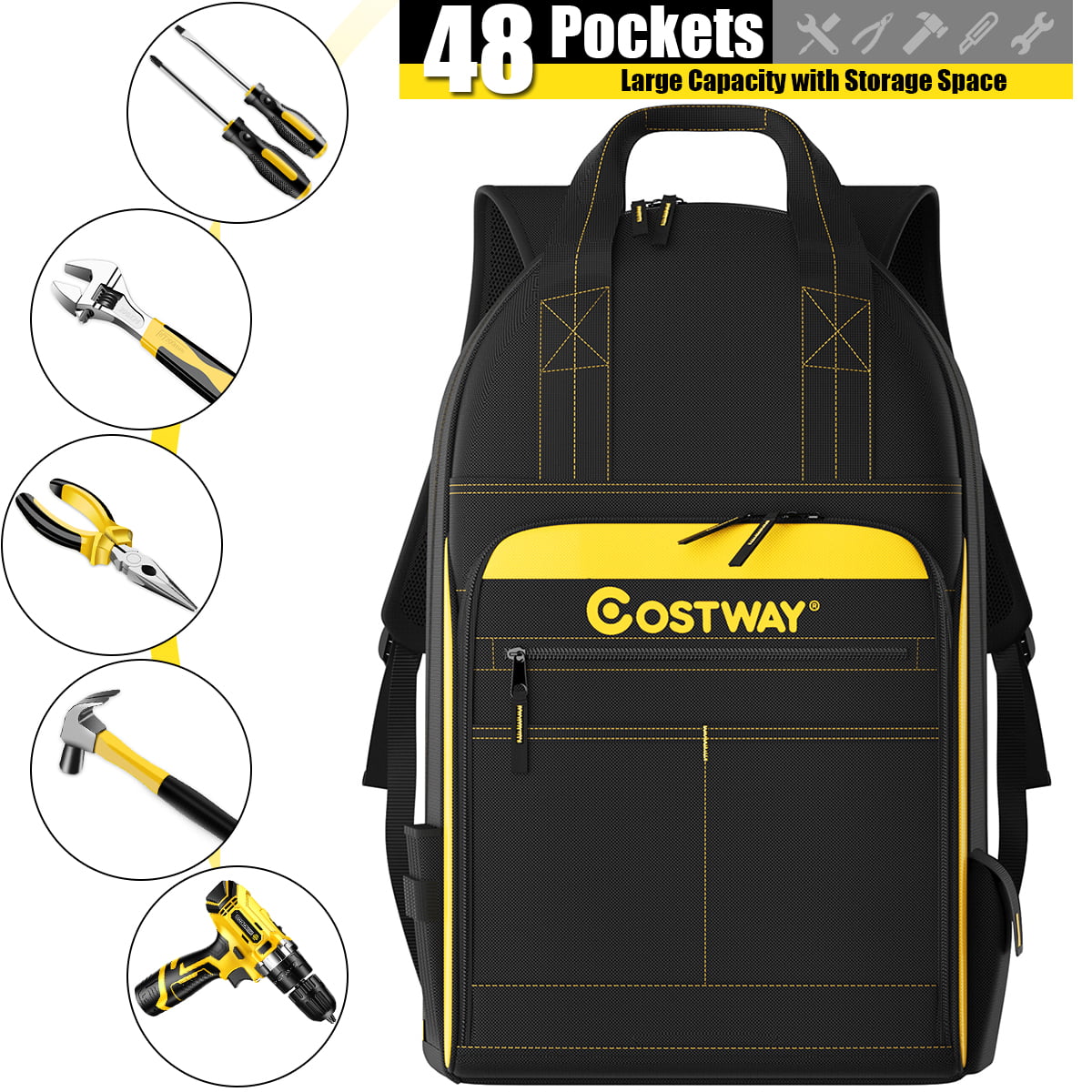 XtremepowerUS Contractor Tool Backpack 38-Pockets Bag Organizer 
