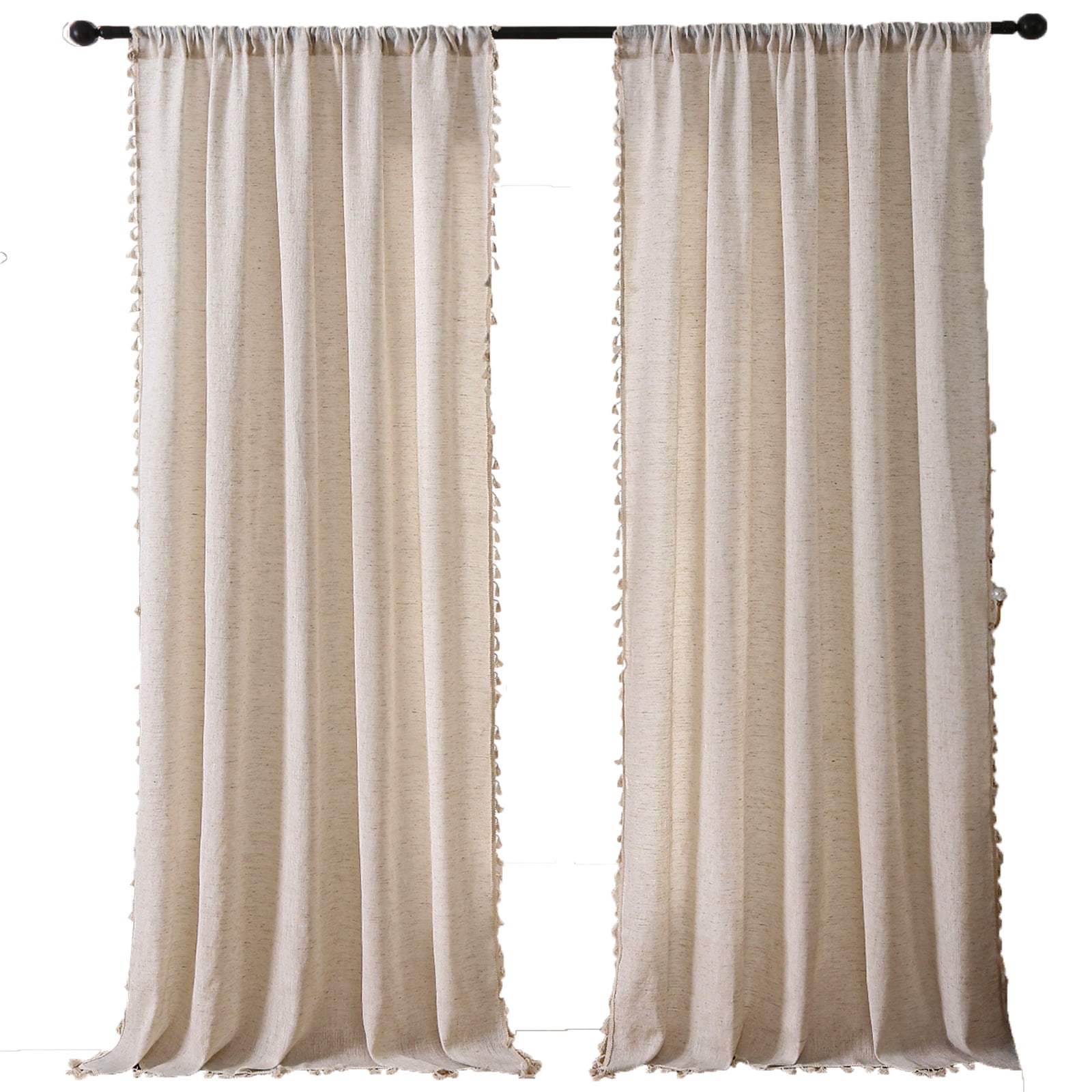 AIGIA Home Boho Curtains Natural Linen Chic Semi Blackout Bohemian Handmade Tassels Rod Pocket for Living Room 1 Panel