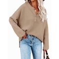 thumbnail image 2 of Women'S Oversized Sweaters Batwing Long Sleeve Loose V Neck Button Henley Tops Pullover Knit Jumper Brown L, 2 of 6