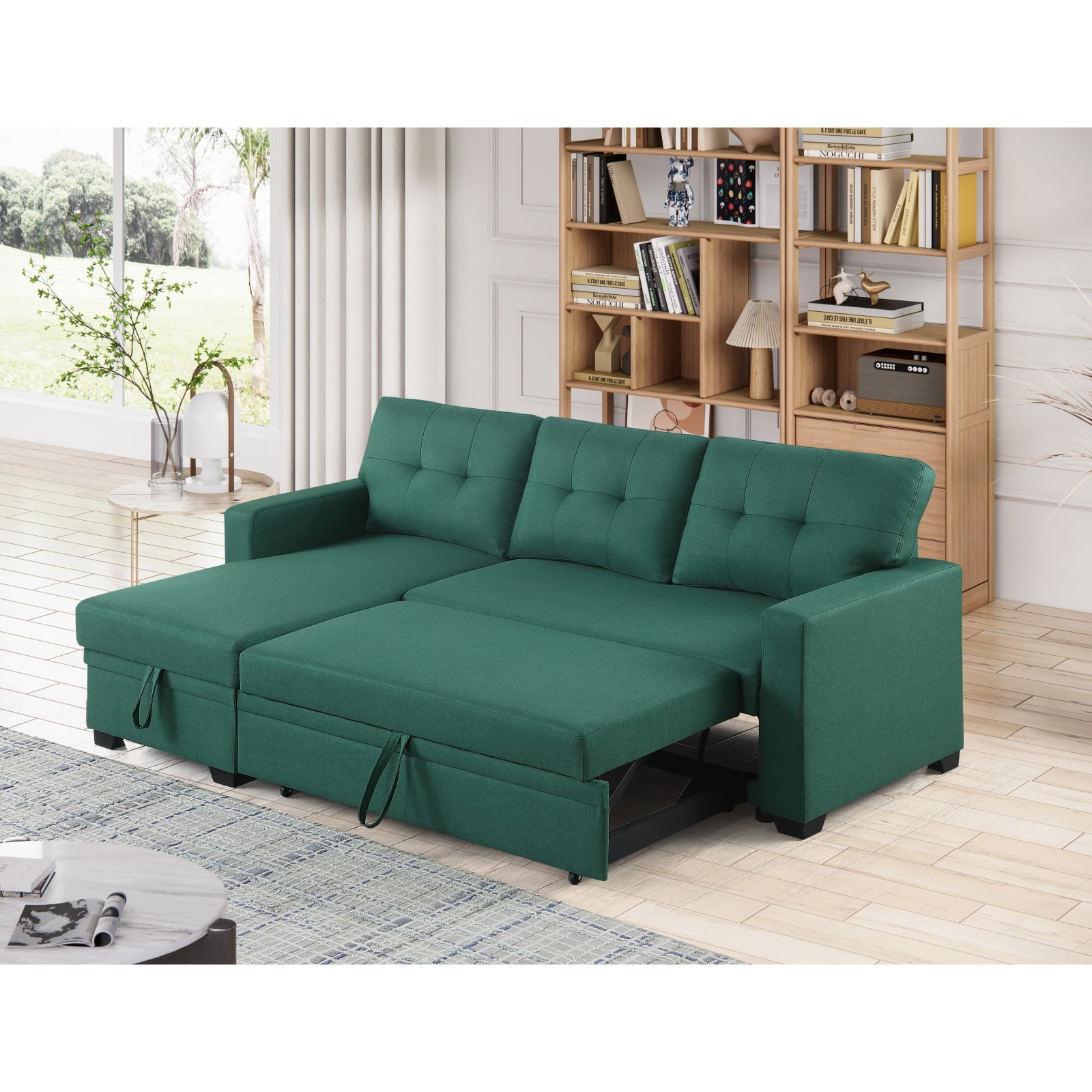 Hommoo 2 in 1 Pull Out Couch Bed Upholstered Sectional Sofa with Storage & Chaise, Convertible L Shaped Sleeper Sofa for Home,Green