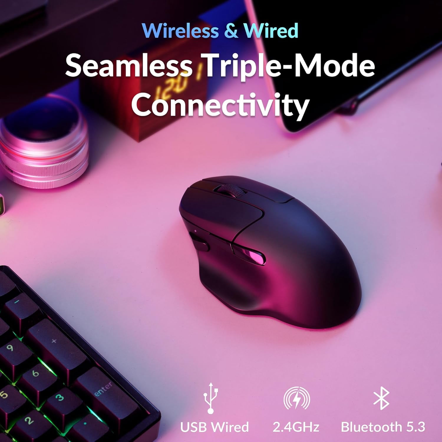 Keychron M7 8K Wireless Mouse, 2.4G/Bluetooth/Wired, Lightweight Ergonomic, PAW3950, Black