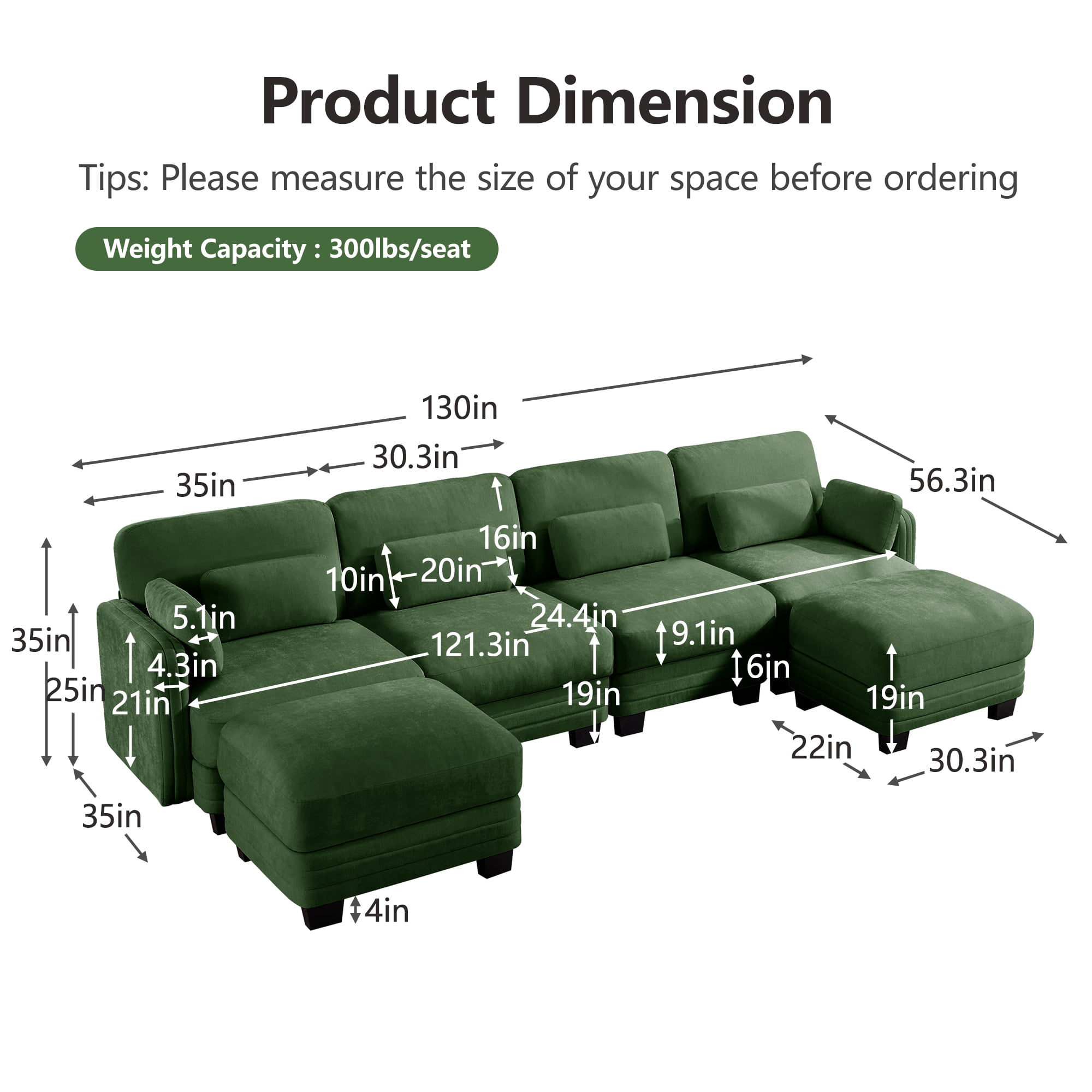 130" U-shaped Tufted Modern Modular Sectional 4 Seater Sofa Couch with 2 Ottomans and 6 Pillows