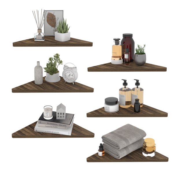 Wall Mount Corner Shelf Set of 6, Rustic GrayBlack Display Shelves for