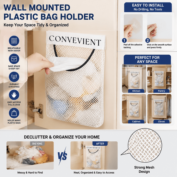 Wall Mounted Plastic Bag Holder, Self-Adhesive Grocery Bag Organizer, Mesh Storage Dispenser for Kitchen Pantry & Closet Organization