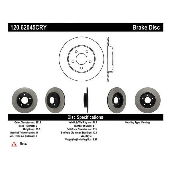 Centric 120.62045 Premium Brake Rotor Fits select: 2000-2005 BUICK LESABRE, 1999 CADILLAC COMMERCIAL CHASSIS