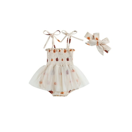 

Peyakidsaa Newborn Baby Girl Halloween Outfit Pumpkin Print Romper Dress Sleeveless Tulle Bodysuit Headband Set