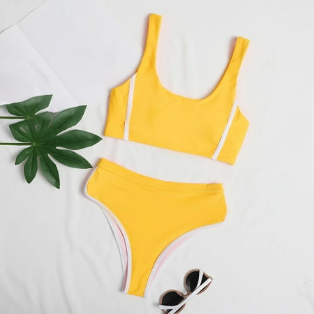 Ovticza Women s High Waisted Bikini Sets Sporty Two Piece Swimsuits Solid Color Cheeky High Cut Bathing Suits Yellow M