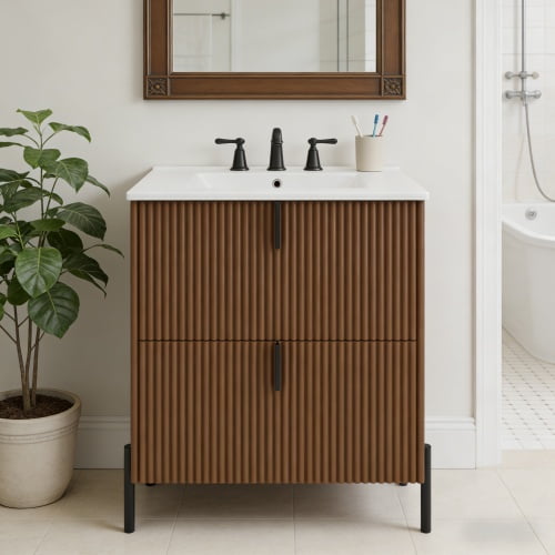 30" Fluted Design Modern Freestanding Vanity Cabinet, Modern Bathroom Cabinet with Soft Close Drawers, Freestanding Vanity with Ceramic Sink for Bathroom, Dark Brown