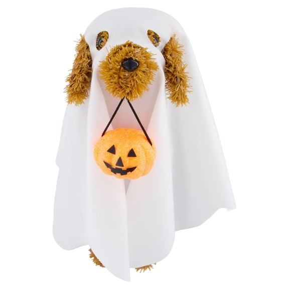 Tinsel Dog in Ghost Costume Tabletop Decoration, Brown and White, 11", Halloween by Way To Celebrate