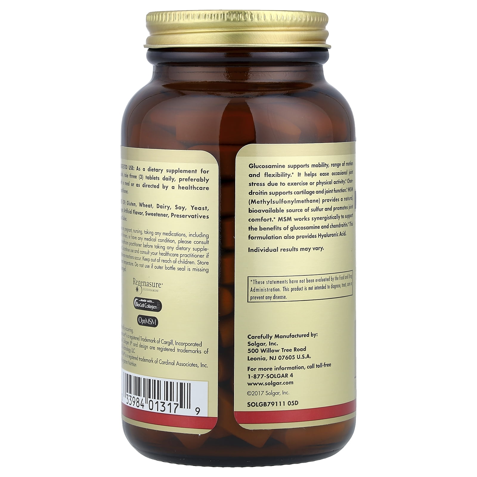 Solgar glucosamine hyaluronic acid chondroitin msm shellfish free 120 tablets