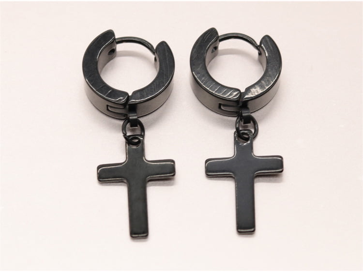 Pair Rainbow Stainless Steel Black Huggie Hinged Hoop Earrings with Cross Unisex Men Women CA 