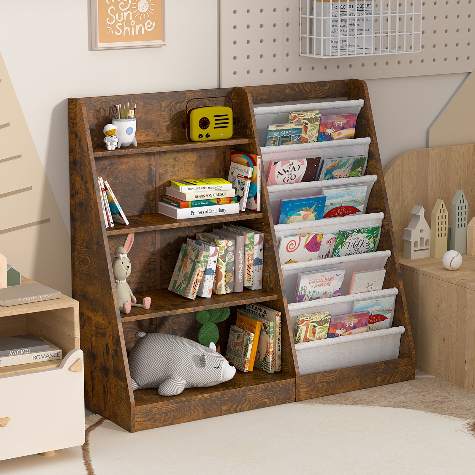 Hironpal Large 6 Layer Sling Kids Bookshelf, 4 Tier Wooden Children Toy Organizer Cabinet for Playroom Nursery Classroom Library