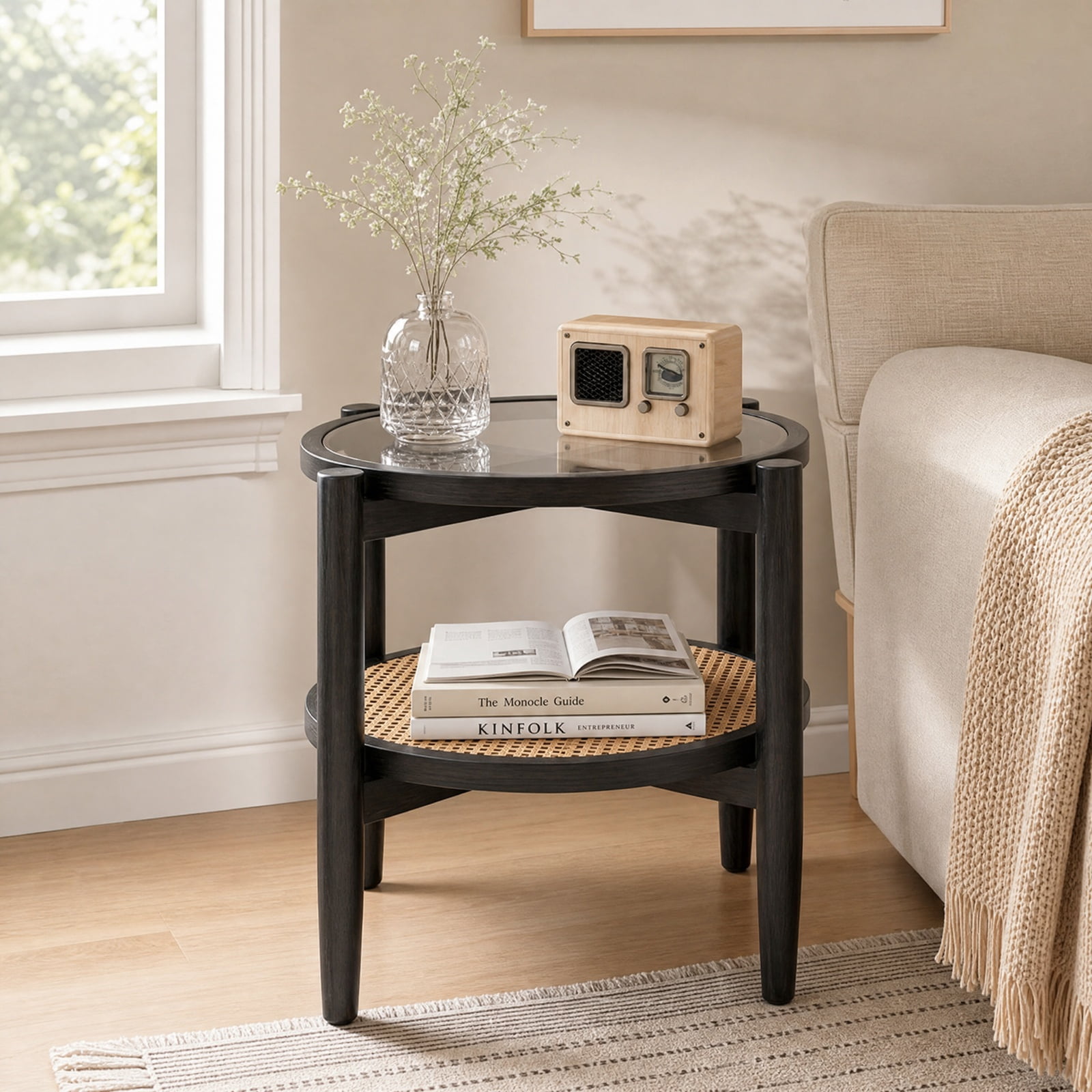 Furnibear Rattan Round Side End Table with Tempered Glass Tabletop and 2 Tier Acacia Wood Legs for Living Room Bedroom and Sofa Side, Black
