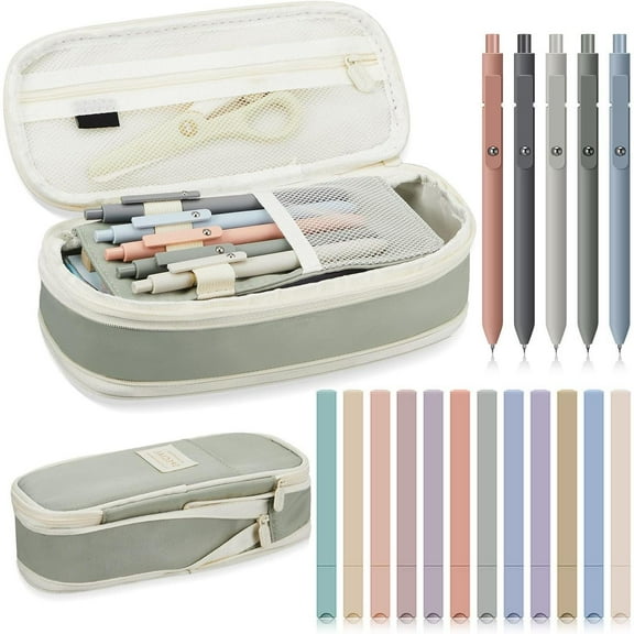 18 set Aesthetic Supplies Include Big Capacity Study Pen Bag With Zipper 12 Pcs Chisel Tip Bible Highlighters 5 Pcs Quick Dry Retractable Black Ink Pens For Office(green)