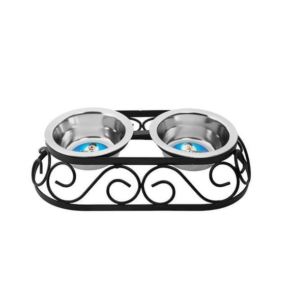 INDIPETS Luxe Craft Collection Oval Crown Double Diner: Non-Skid Pet Water and Food Bowl | 1 Quart, Black (PN: 90045)