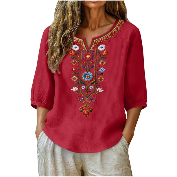 Neewe Women's Embroidered Tops 3/4 Sleeve Traditional Boho Shirts for Women V Neck Peasant Tunic Blouses