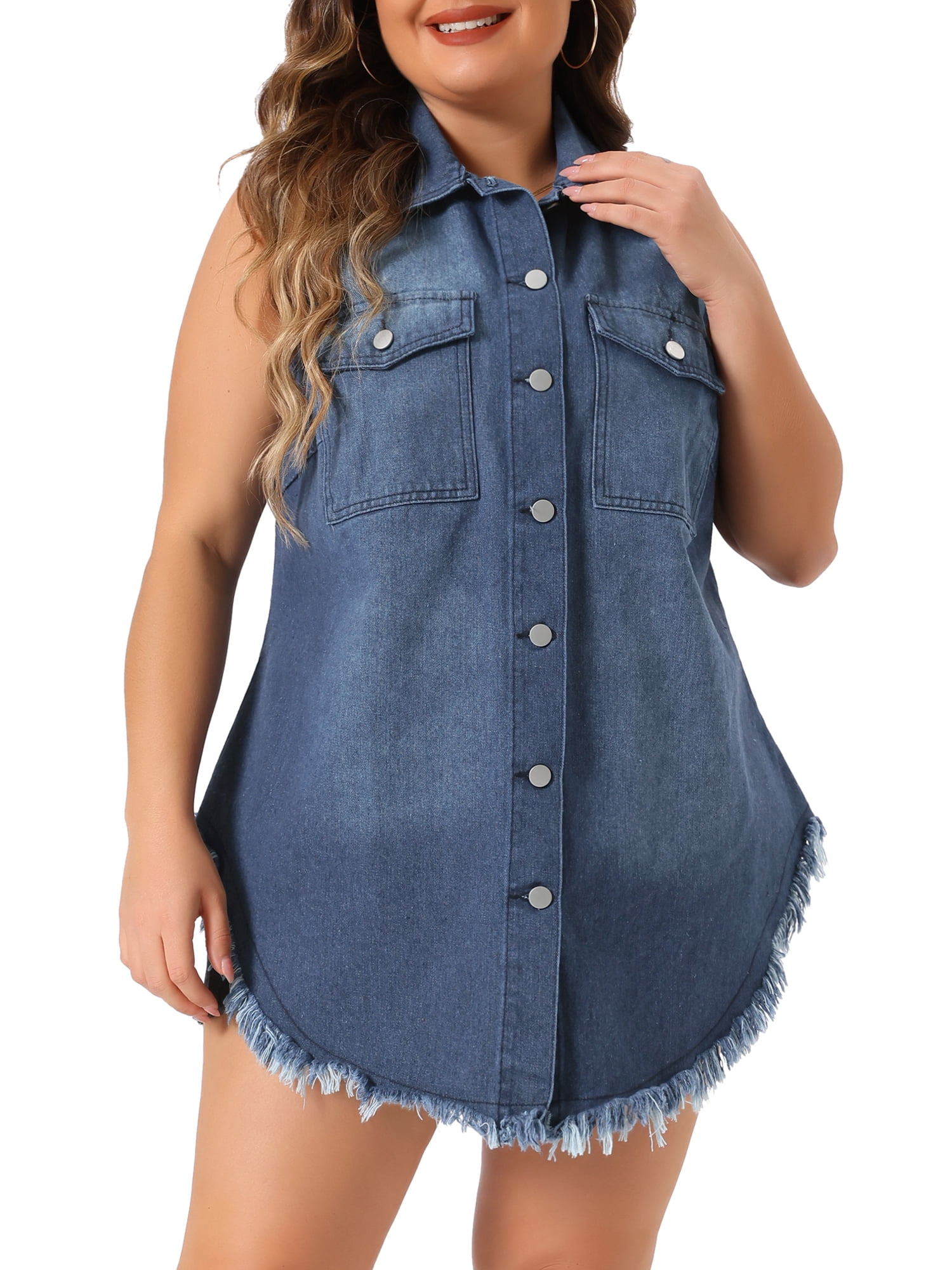DARING DIVA Women's Plus Size Button Up Frayed Hem Shacket Jean Vest 3X Dark Blue