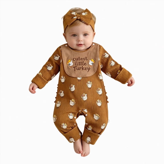 WUANDIXFA Newborn Girl Outfits Soft Cute, Baby Girl Thanksgiving Turkey Print Long Sleeve Romper Bow Headband,Coffee,Newborn