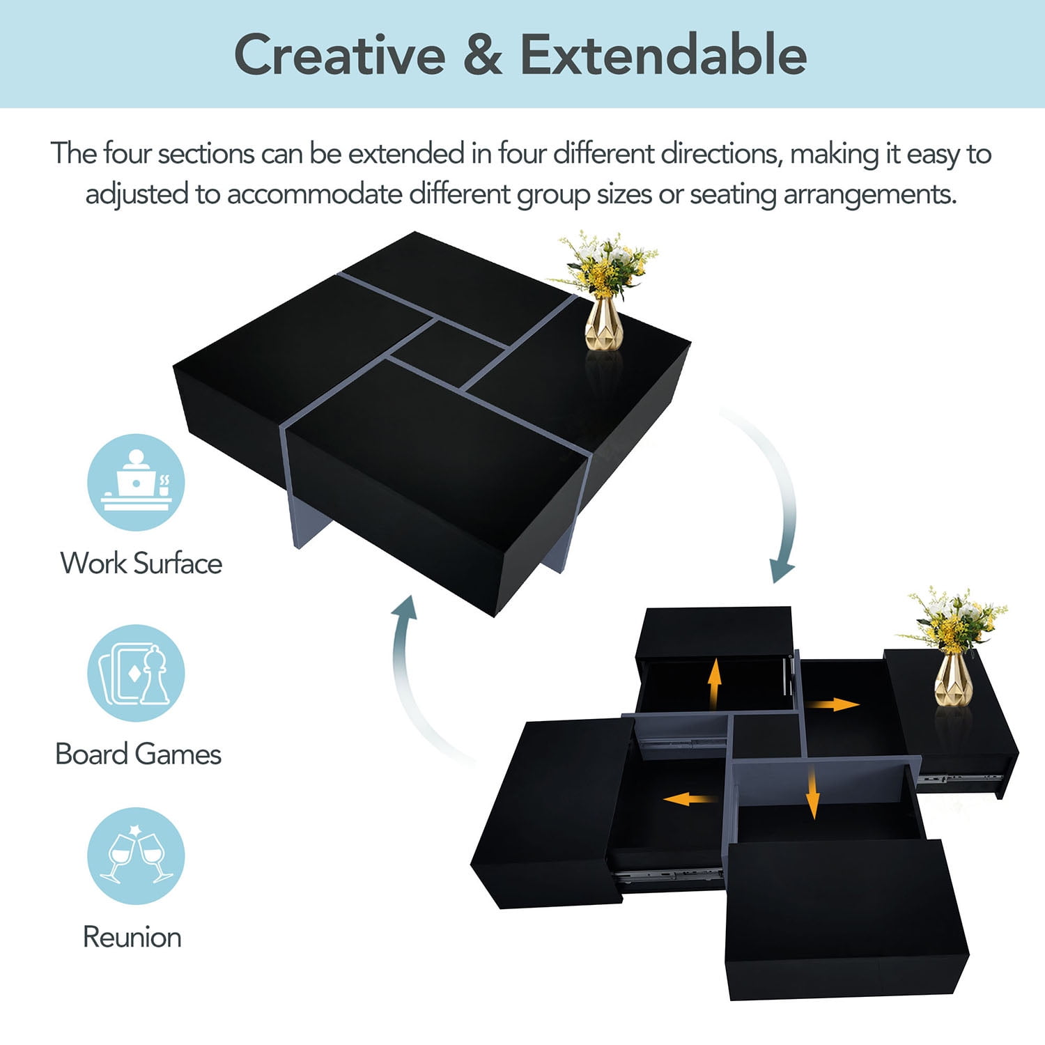 Kadyn Coffee Table, Square Tea Table with 4 Hidden Storage Compartments and Extendable Sliding Tabletop, Black Kadyn Coffee Table, Square Tea Table with 4 Hidden Storage Compartments and Extendable Sliding Tabletop, Black