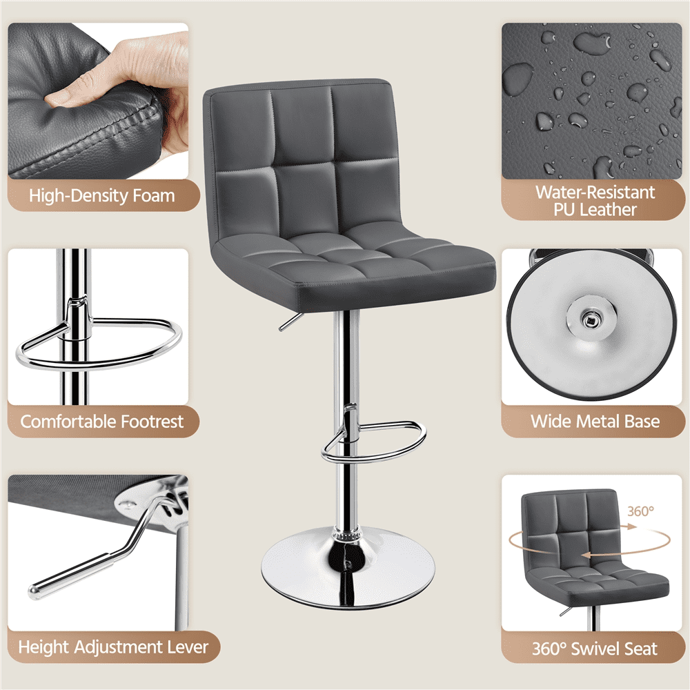 Alden Design Adjustable Bar Stool Modern Faux Leather Counter-Height Mid-Back Bar Chair, Set of 2, Gray