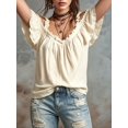 thumbnail image 4 of Women Cold Shoulder Ruffle Trim Top V Neck Short Sleeve Casual Blouse Khaki S, 4 of 7
