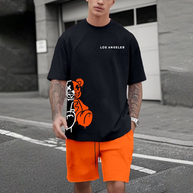 WILLBEST Conjunto de Traje para Hombre con Estampado de Oso para Uso Exterior E Informal. Combinación de Manga Corta y Pantalones Cortos para Verano. Ideal para Relajación y Actividades Físicas.