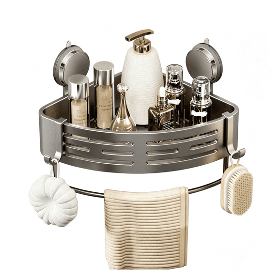 No Drill Suction Cup Bathroom Corner Shelf, Wall Mount Rustproof Shower Caddy Basket, Space Saving Bathroom Toilet Corner Storage Organizer with Hooks