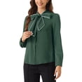 thumbnail image 4 of Blusa de trabajo de manga larga con cuello atado y botones para mujer INSPIRE CHIC en verde oscuro M, 4 of 6