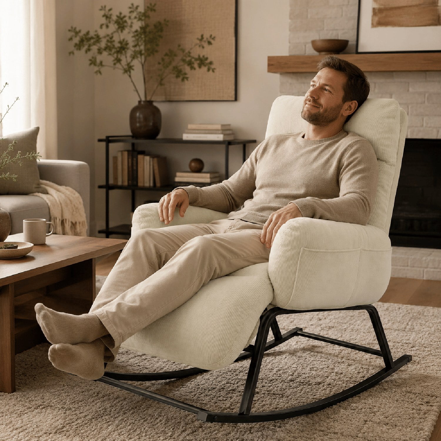 Upholstered Rocking Chair with Retractable Footrest, Plush Lounge Chair with Side Pocket, Tufted Cushion Seat for Living Room, Bedroom, Study and Patio