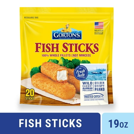 Gorton’s Crunchy Breaded Fish Sticks Cut from 100% Whole Fish Fillets (Not Minced), Wild Caught Alaskan Pollock with Crunchy Panko Breadcrumbs, Frozen, 20 Count, 19 Ounce Resealable Package
