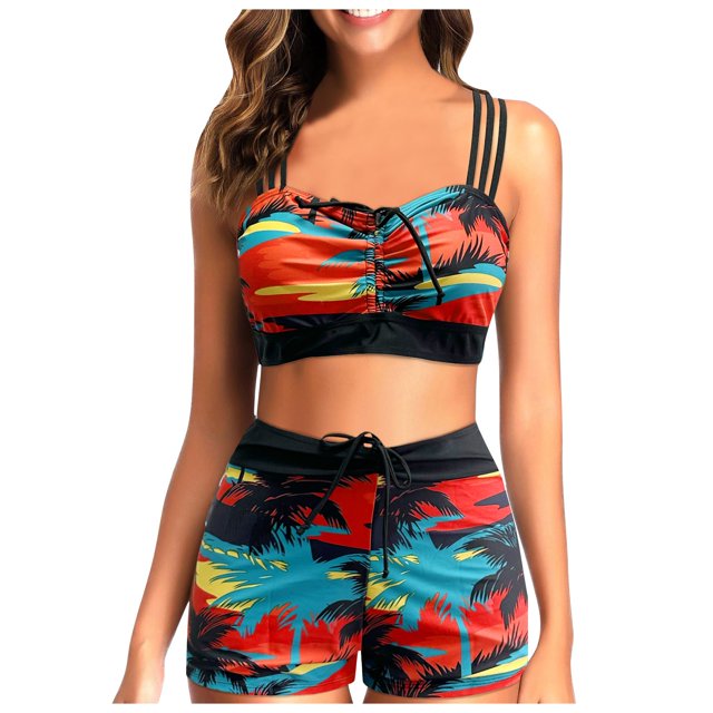 VJATTWR Bathing Suits Women Tankini My Items Women's Summer Fashion Coconut Tree Printed Webbing Shoulder Strap Split Swimsuit Drawstring Backless Plus Size Bikini Swimsuit