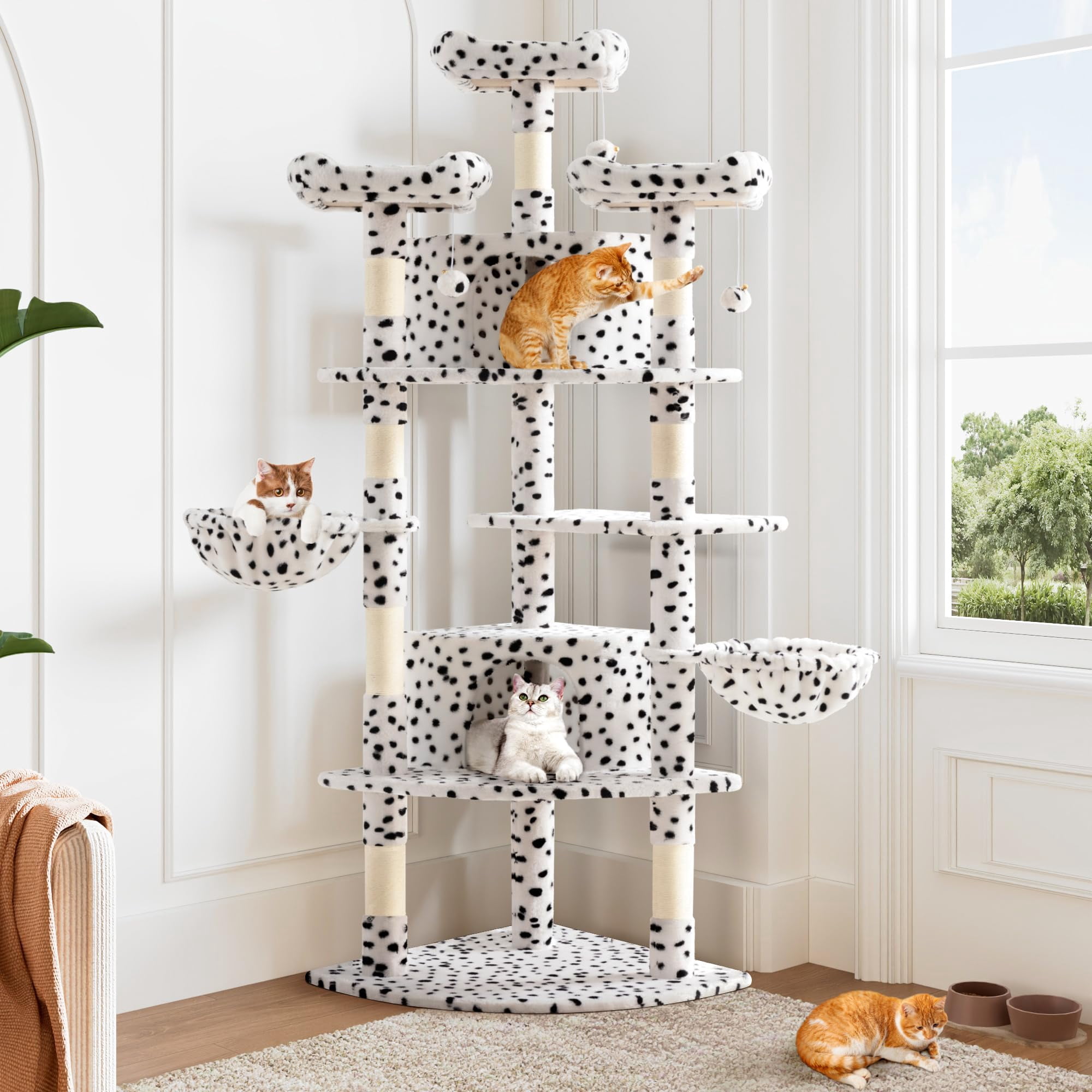 73in Fan-shaped Space-saving Corner Cat Tower/multi-level Tall Tree For Indoor Kitties/cozy Baskets/condos/house/perches/sisal Posts/pet Activity Center/white & Black Spot