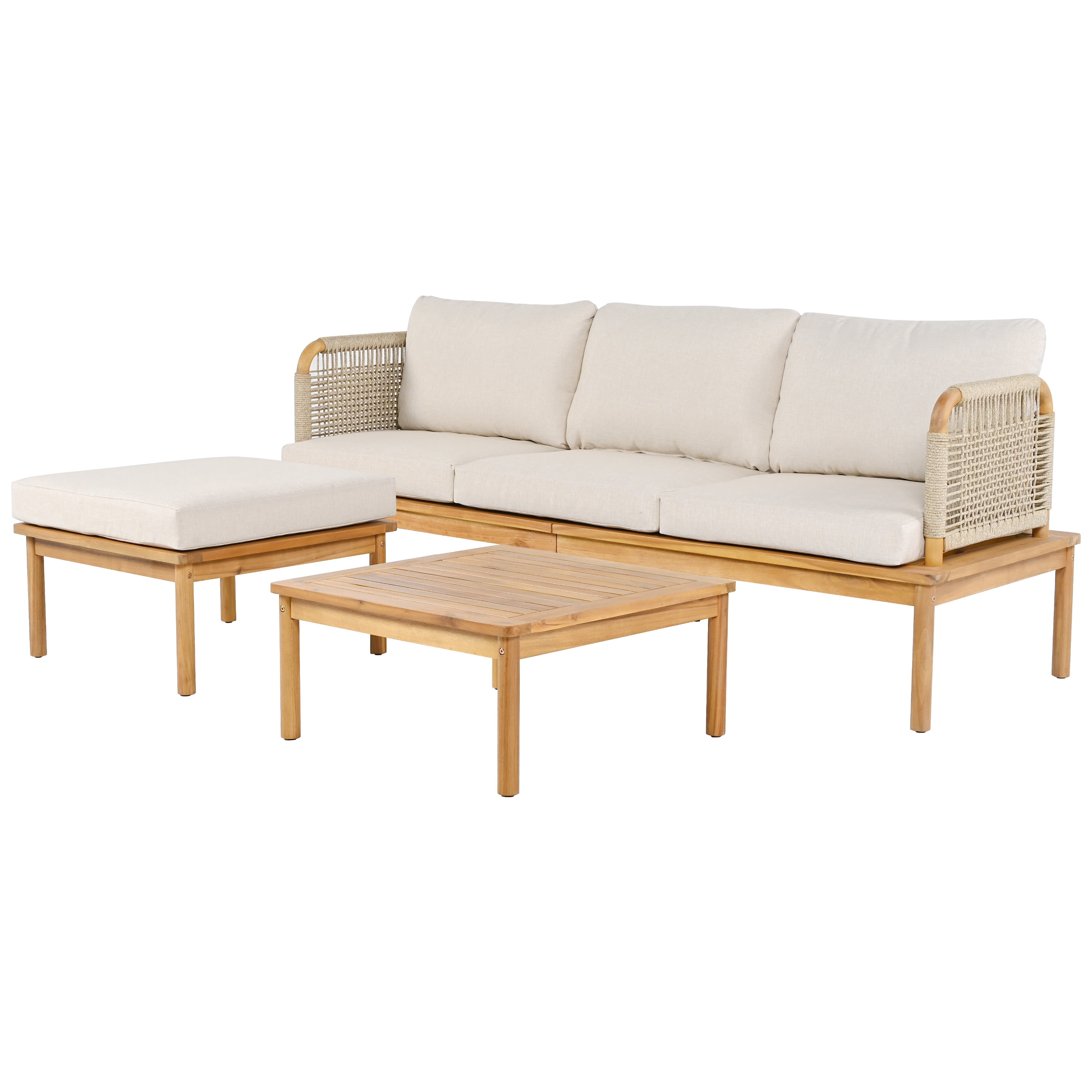 Outdoor 3-Piece Acacia Wood & Rope Patio Sofa Set, Conversation Seating with Ottoman & Coffee Table for Garden Backyard Deck, Teak+Beige