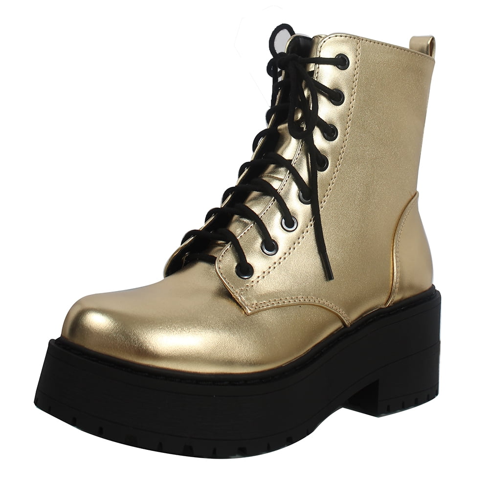 Soda Women's Fling Faux Leather Lace Up Combat Chunky Lug Platform Heel  Bootie, Gold, 5.5 M US - Walmart.com