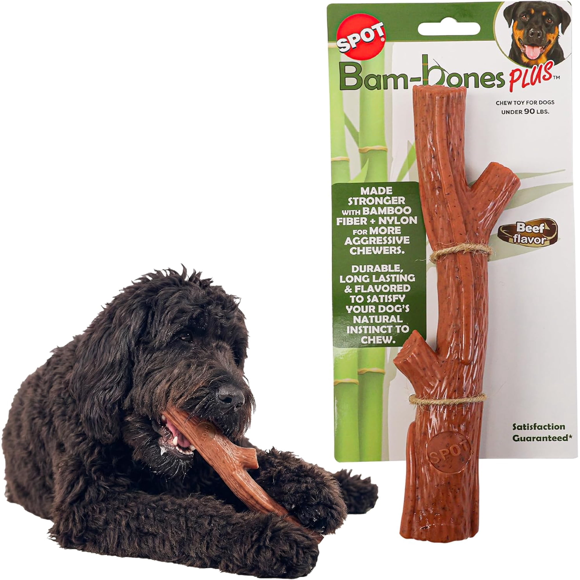 SPOT Bam-Bones Plus Branch, 9.5", Beef Flavor, Bamboo Fiber & Nylon, Dog Chew for Moderate to Aggressive Chewers, Adult Dogs & Teething Puppies Under 90lbs