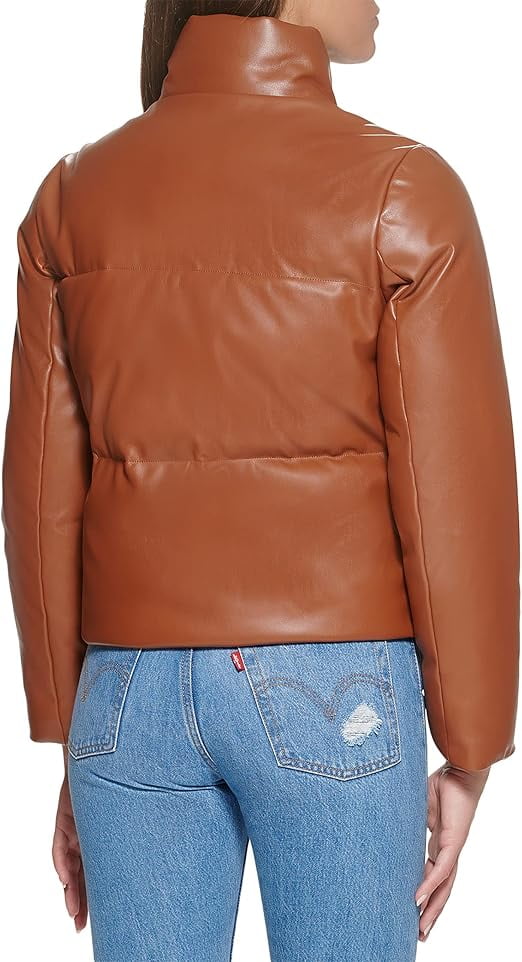 Levi's Womens Faux Leather Moto Puffer Jacket Camel Medium