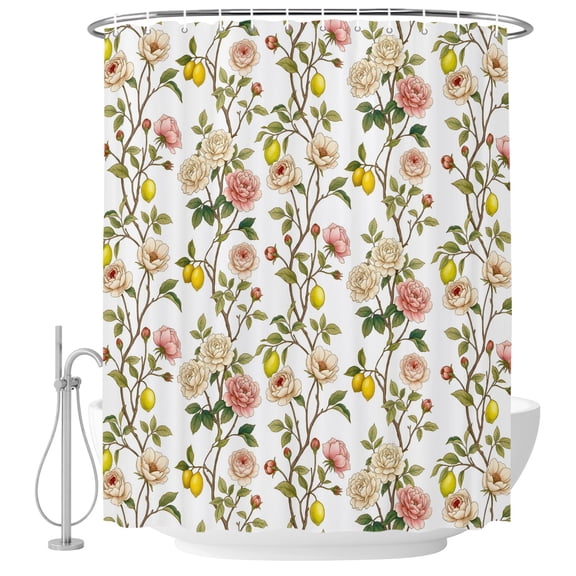 54x78 Inch Shower Curtain Decorative Spring Floral Bathtub Bath Curtains Fabric Waterproof Bathroom Decor, Summer Lemons Farmhouse Art Watercolor Small Stall Shower Curtain Set with 12 Hooks