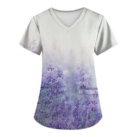 

BIZIZA Uniforms & Scrubs Dressy Plus Size V Neck Workwear Short Sleeve with Two Pocket Tie Dye Printed Cute Tops for Women Summer Purple 4XL