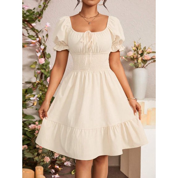 Apricot Square Neck Ruched Waist A-Line Dress With Puffed Sleeves And Tiered Hem