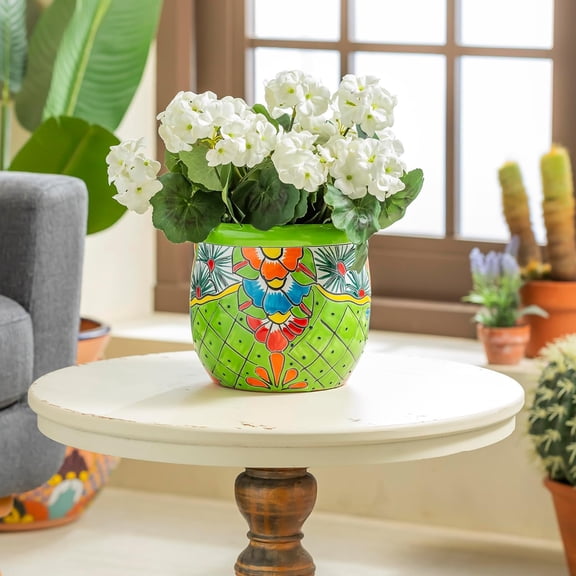 Talavera Mexican Pottery Ceramic Floral Classic Top Pot Planter | Flower Pot Plant Succulent | Indoor Outdoor (9 inch, Green)