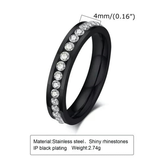 4mm Stainless Steel Round Rhinestones Band Women's Wedding Black Ring Size 6-10