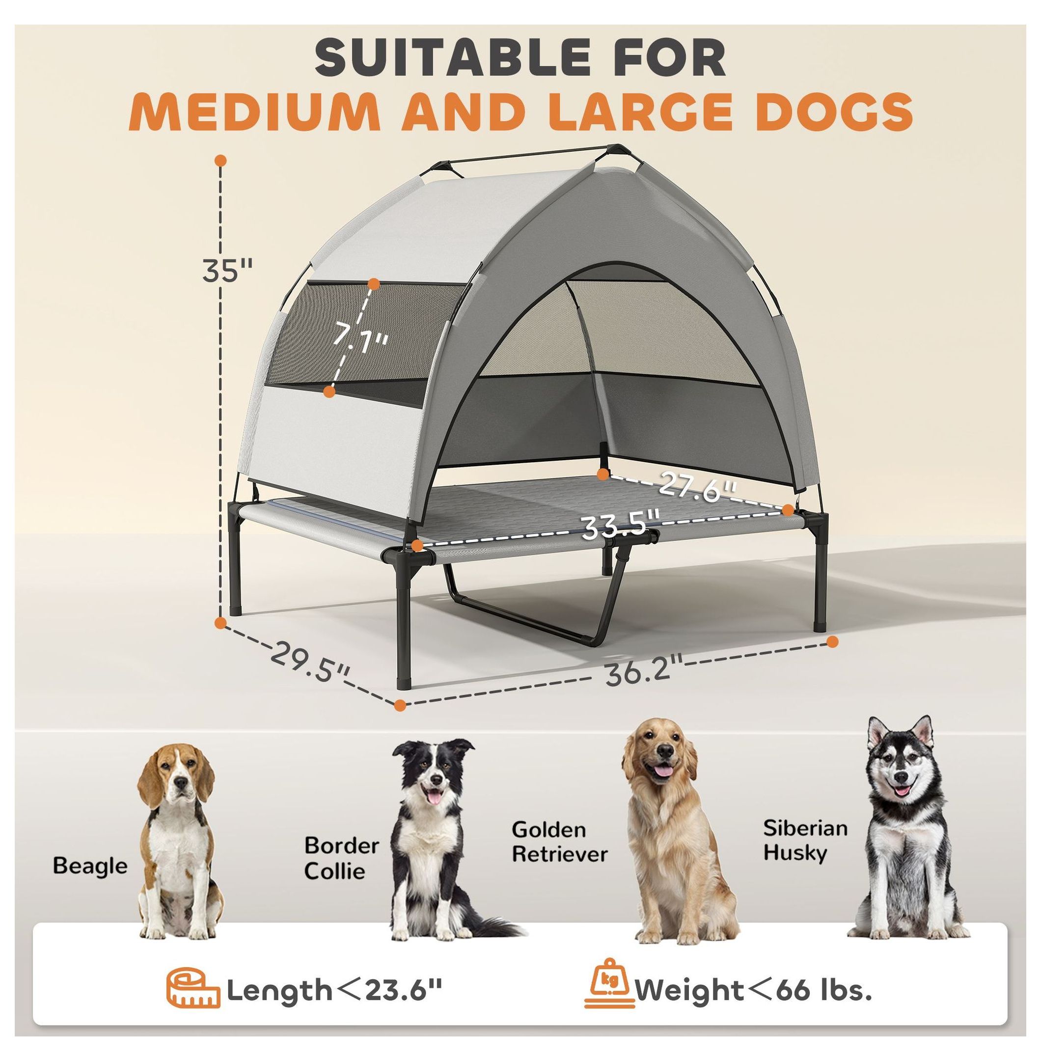 Elevated Dog Bed with Canopy, Portable Outdoor Dog Cot with Cooling Pad, 36x29.5x35in